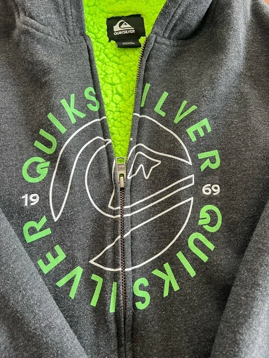 Vintage Men’s XL Quiksilver Charcoal Zip Hoodie with Neon Green Fleece Lining - Picture 8 of 12